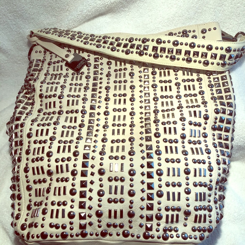 Silver studded beige leather bag